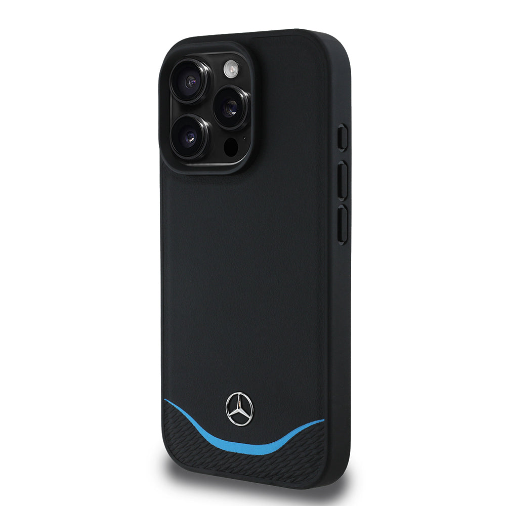 iPhone 16 Pro Max Kılıf Mercedes Benz Orjinal Lisanslı M-safe Şarj Özellikli 3D Metal Logolu Mavi Yatay Eğri Çizgili Deri Kapak
