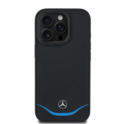 iPhone 16 Pro Max Kılıf Mercedes Benz Orjinal Lisanslı M-safe Şarj Özellikli 3D Metal Logolu Mavi Yatay Eğri Çizgili Deri Kapak