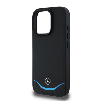 iPhone 16 Pro Max Kılıf Mercedes Benz Orjinal Lisanslı M-safe Şarj Özellikli 3D Metal Logolu Mavi Yatay Eğri Çizgili Deri Kapak