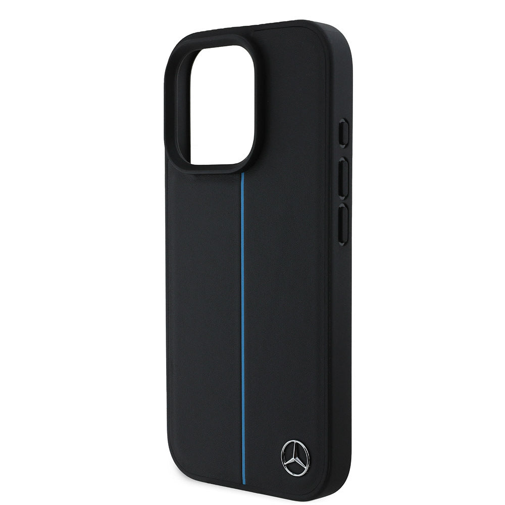 iPhone 16 Pro Max Kılıf Mercedes Benz Orjinal Lisanslı M-safe Şarj Özellikli Metal Yıldız Logolu Mavi Çizgili Deri Kapak