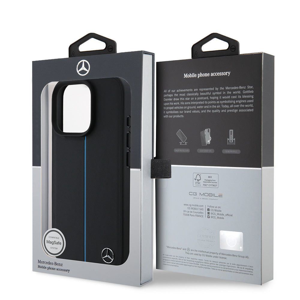 iPhone 16 Pro Max Kılıf Mercedes Benz Orjinal Lisanslı M-safe Şarj Özellikli Metal Yıldız Logolu Mavi Çizgili Deri Kapak