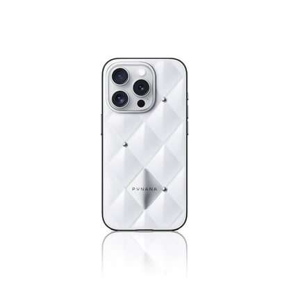 iPhone 16 Pro Max Kılıf Parlak Arka Yüzeyli Kabartma Tasarımlı Kapitone Pynana Metal Diamond Serisi Kapak