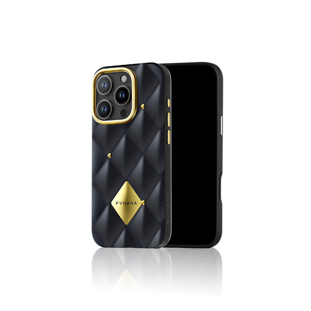 iPhone 16 Pro Max Kılıf Parlak Arka Yüzeyli Kabartma Tasarımlı Kapitone Pynana Metal Diamond Serisi Kapak