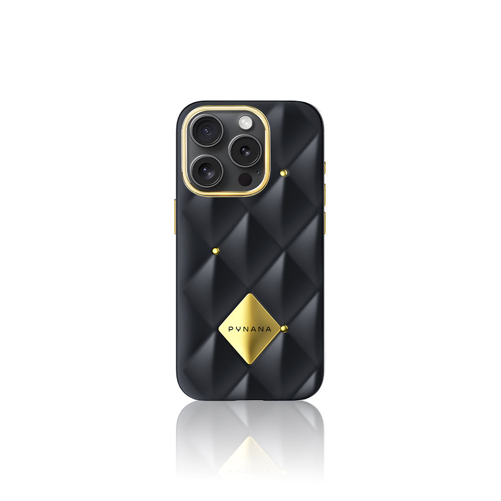 iPhone 16 Pro Max Kılıf Parlak Arka Yüzeyli Kabartma Tasarımlı Kapitone Pynana Metal Diamond Serisi Kapak
