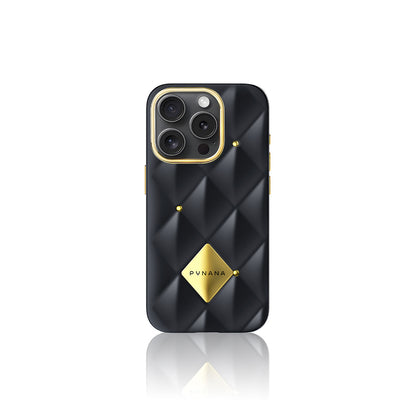 iPhone 16 Pro Max Kılıf Parlak Arka Yüzeyli Kabartma Tasarımlı Kapitone Pynana Metal Diamond Serisi Kapak