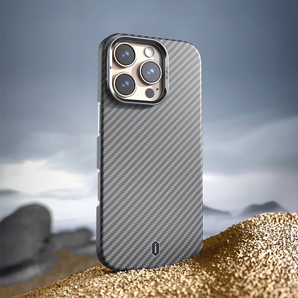 iPhone 16 Pro Max Kılıf Wiwu DCC-206 M-safe Şarj Özellikli Kamera Standlı Aramid Fiber Tasarım Kevlar Kapak