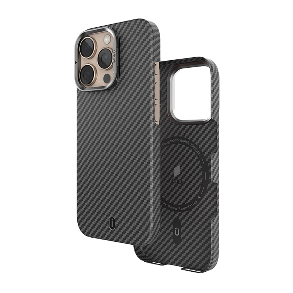 iPhone 16 Pro Max Kılıf Wiwu DCC-206 M-safe Şarj Özellikli Kamera Standlı Aramid Fiber Tasarım Kevlar Kapak
