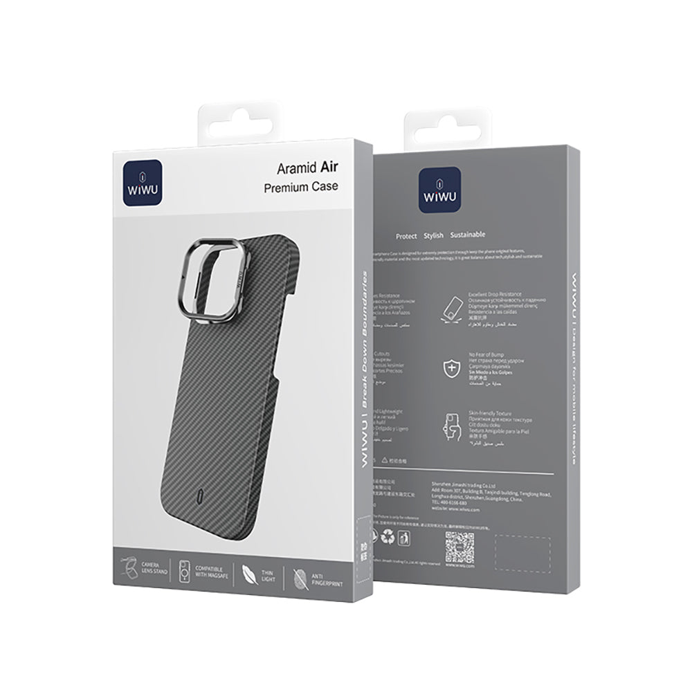 iPhone 16 Pro Max Kılıf Wiwu DCC-206 M-safe Şarj Özellikli Kamera Standlı Aramid Fiber Tasarım Kevlar Kapak