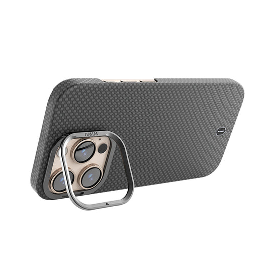 iPhone 16 Pro Max Kılıf Wiwu DCC-208 M-safe Şarj Özellikli Kamera Standlı Aramid Fiber Tasarım Kevlar Kapak