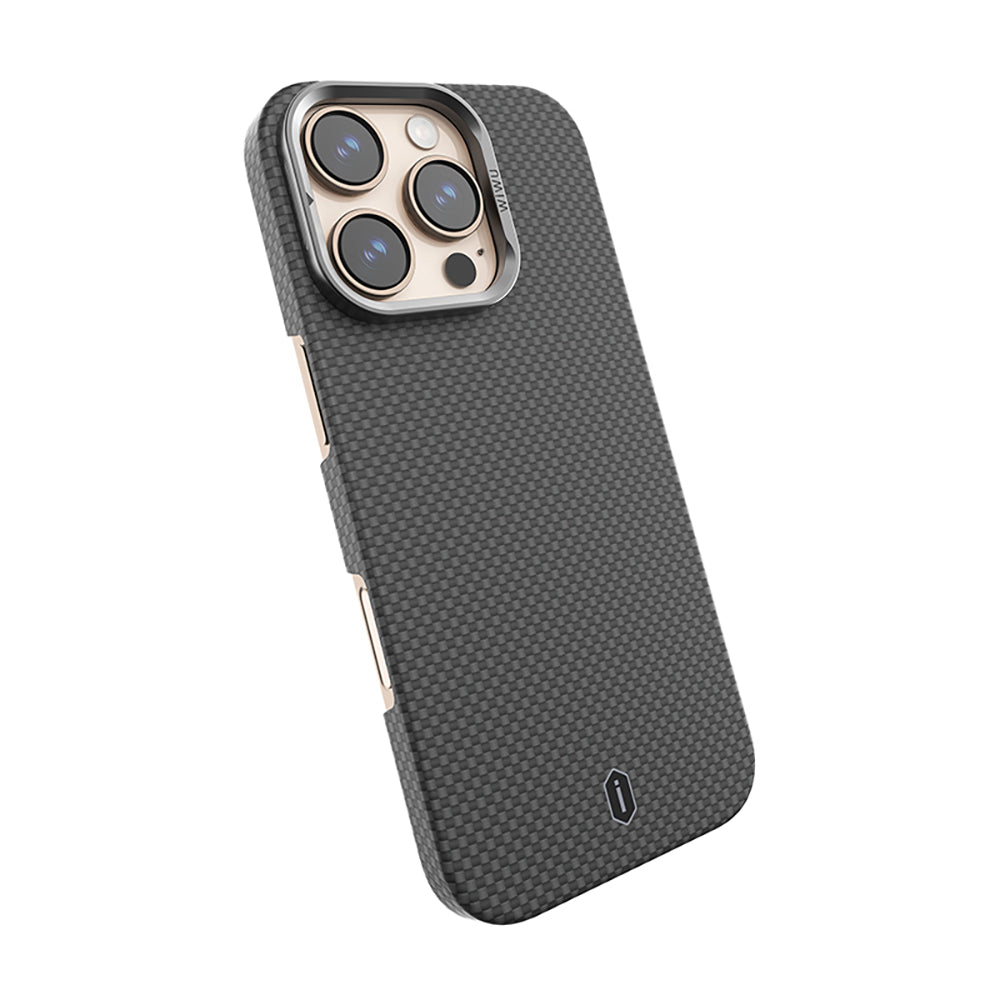 iPhone 16 Pro Max Kılıf Wiwu DCC-208 M-safe Şarj Özellikli Kamera Standlı Aramid Fiber Tasarım Kevlar Kapak