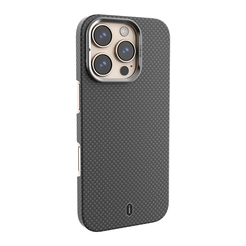 iPhone 16 Pro Max Kılıf Wiwu DCC-208 M-safe Şarj Özellikli Kamera Standlı Aramid Fiber Tasarım Kevlar Kapak