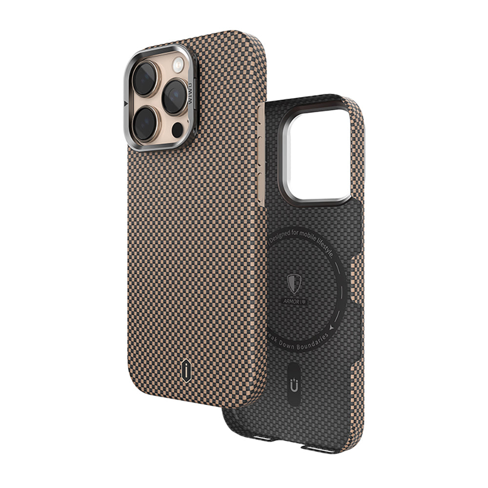 iPhone 16 Pro Max Kılıf Wiwu DCC-208 M-safe Şarj Özellikli Kamera Standlı Aramid Fiber Tasarım Kevlar Kapak