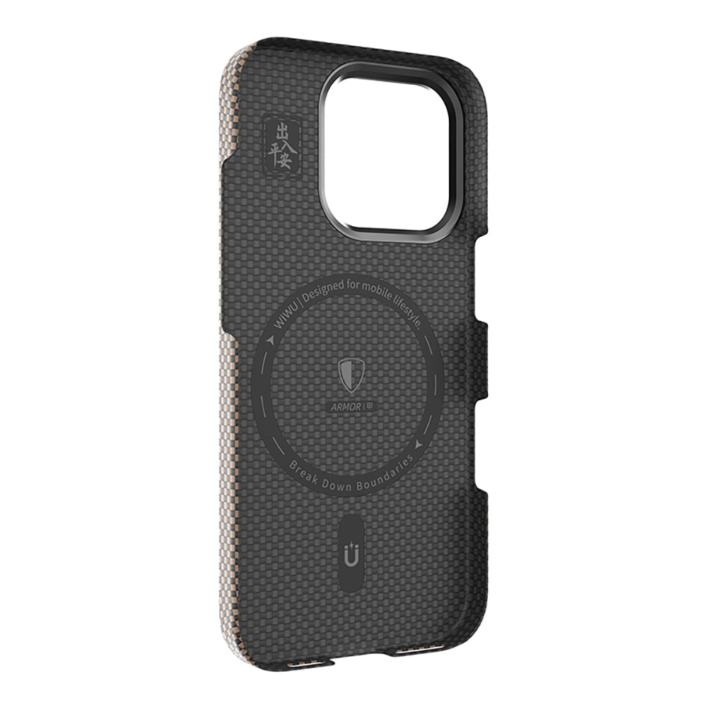 iPhone 16 Pro Max Kılıf Wiwu DCC-208 M-safe Şarj Özellikli Kamera Standlı Aramid Fiber Tasarım Kevlar Kapak