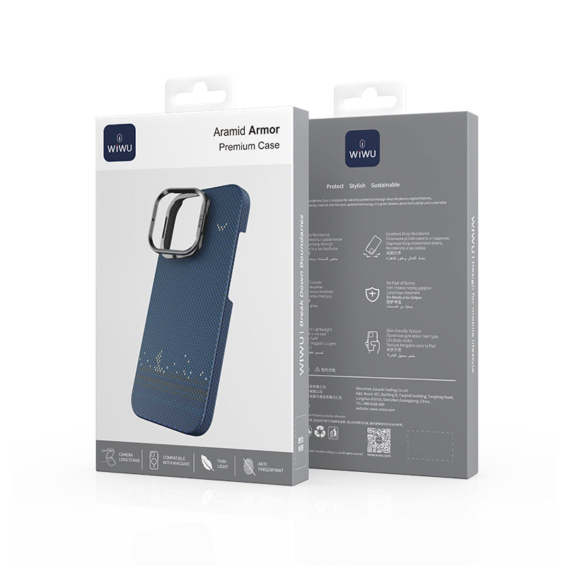 iPhone 16 Pro Max Kılıf Wiwu DCC-209 M-safe Şarj Özellikli Kamera Standlı Aramid Fiber Tasarım Kevlar Kapak