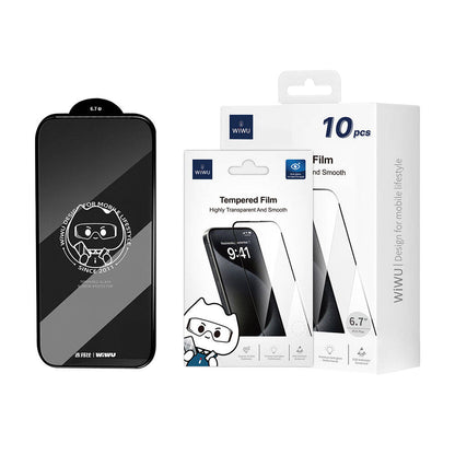 iPhone 16 Wiwu GT-008 Polimer Oleofobik Kaplama Şeffaf Pürüzsüz Temperli Cam Ekran Koruyucu 10'lu Paket