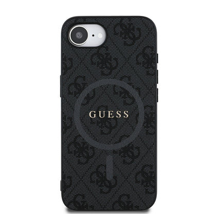 iPhone 16E Kılıf Guess Orjinal Lisanslı M-safe Şarj Özellikli PU Halkalı 4G Desenli Yazı Logolu Kapak
