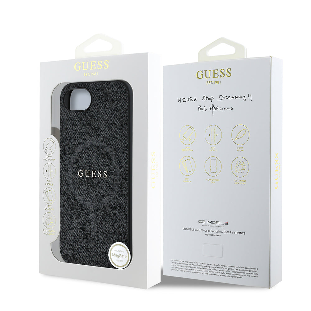 iPhone 16E Kılıf Guess Orjinal Lisanslı M-safe Şarj Özellikli PU Halkalı 4G Desenli Yazı Logolu Kapak
