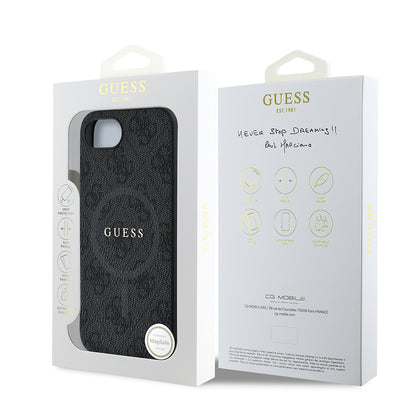 iPhone 16E Kılıf Guess Orjinal Lisanslı M-safe Şarj Özellikli PU Halkalı 4G Desenli Yazı Logolu Kapak