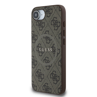 iPhone 16E Kılıf Guess Orjinal Lisanslı M-safe Şarj Özellikli PU Halkalı 4G Desenli Yazı Logolu Kapak