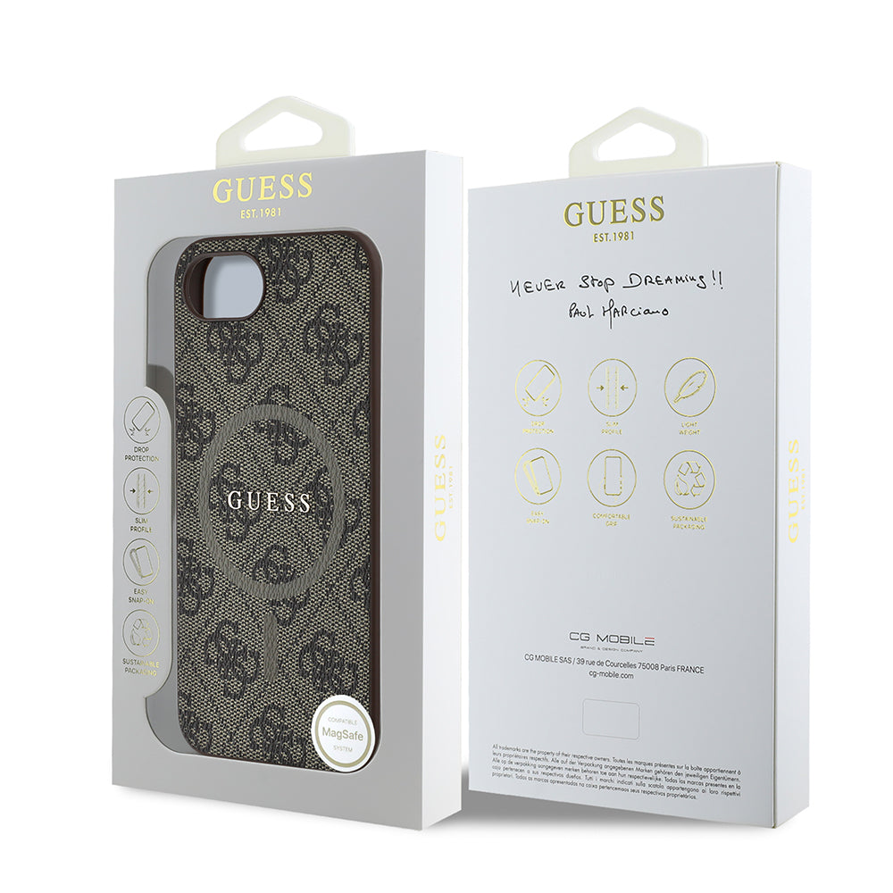 iPhone 16E Kılıf Guess Orjinal Lisanslı M-safe Şarj Özellikli PU Halkalı 4G Desenli Yazı Logolu Kapak
