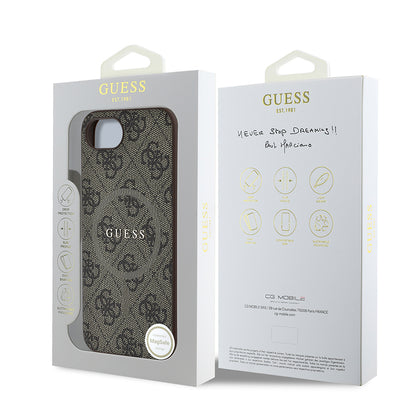iPhone 16E Kılıf Guess Orjinal Lisanslı M-safe Şarj Özellikli PU Halkalı 4G Desenli Yazı Logolu Kapak