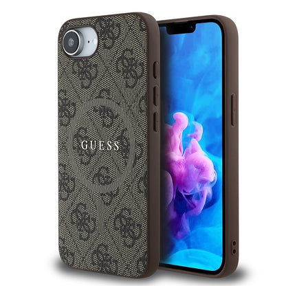 iPhone 16E Kılıf Guess Orjinal Lisanslı M-safe Şarj Özellikli PU Halkalı 4G Desenli Yazı Logolu Kapak
