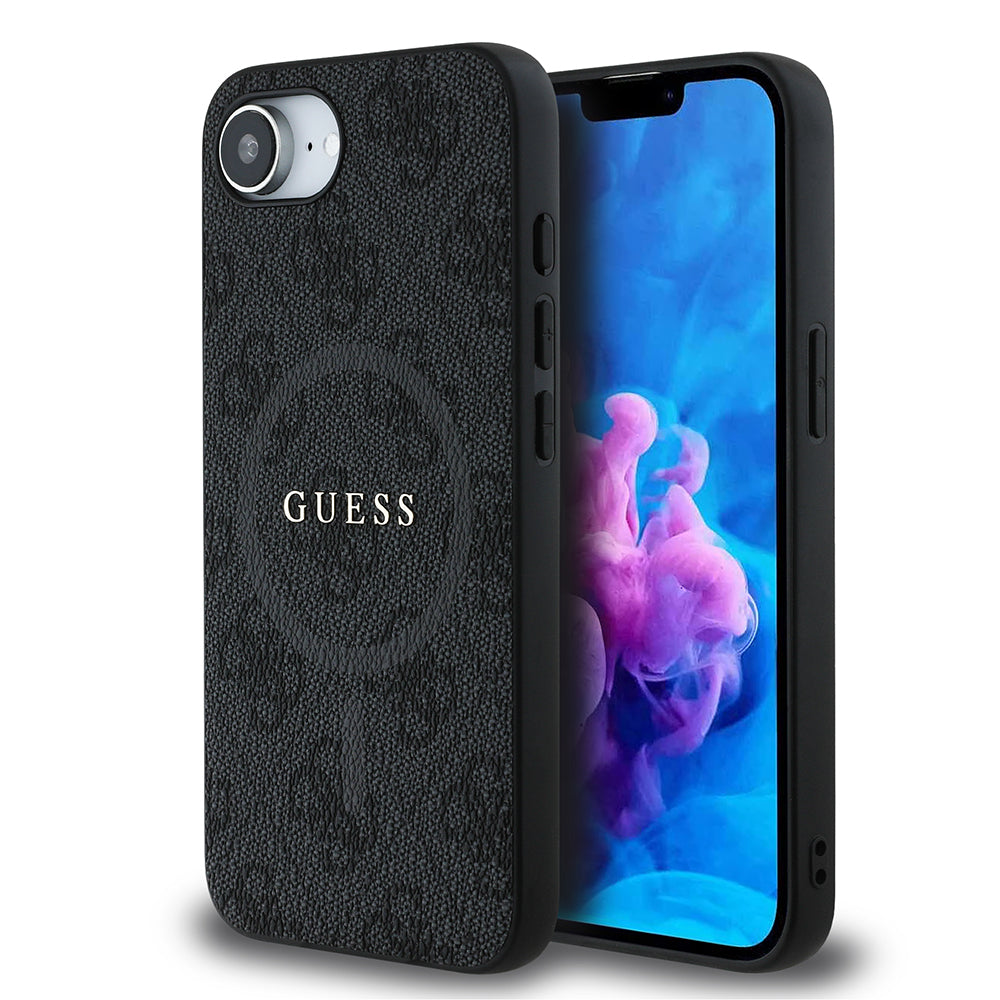 iPhone 16E Kılıf Guess Orjinal Lisanslı M-safe Şarj Özellikli PU Halkalı 4G Desenli Yazı Logolu Kapak