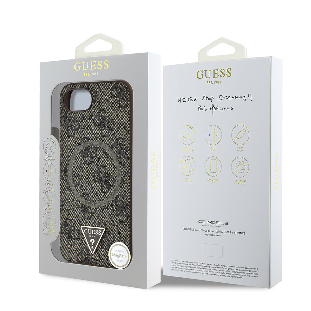 iPhone 16E Kılıf Guess Orjinal Lisanslı M-safe Şarj Özellikli PU Üçgen Logo 4G Desenli Kapak