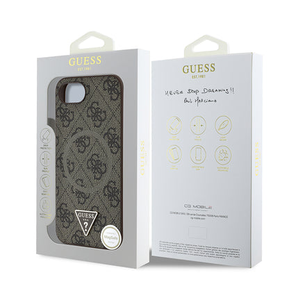 iPhone 16E Kılıf Guess Orjinal Lisanslı M-safe Şarj Özellikli PU Üçgen Logo 4G Desenli Kapak