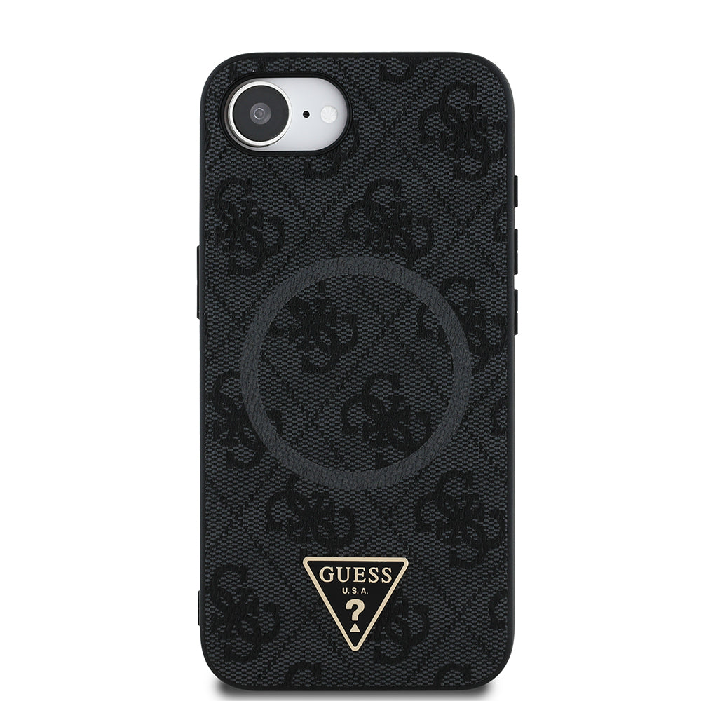 iPhone 16E Kılıf Guess Orjinal Lisanslı M-safe Şarj Özellikli PU Üçgen Logo 4G Desenli Kapak