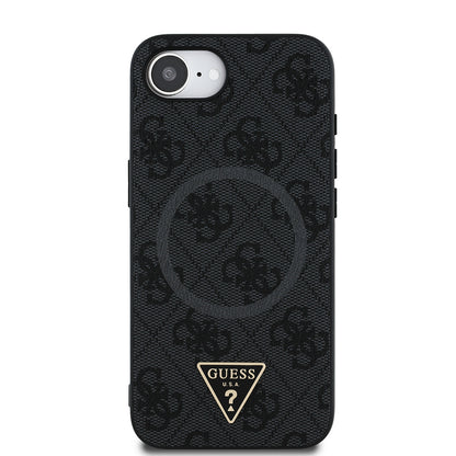 iPhone 16E Kılıf Guess Orjinal Lisanslı M-safe Şarj Özellikli PU Üçgen Logo 4G Desenli Kapak