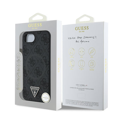 iPhone 16E Kılıf Guess Orjinal Lisanslı M-safe Şarj Özellikli PU Üçgen Logo 4G Desenli Kapak