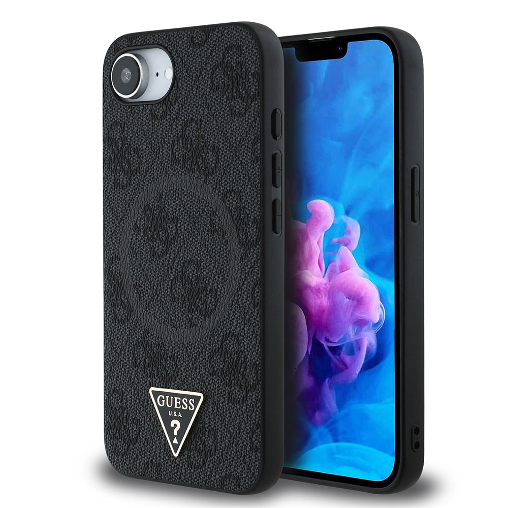 iPhone 16E Kılıf Guess Orjinal Lisanslı M-safe Şarj Özellikli PU Üçgen Logo 4G Desenli Kapak