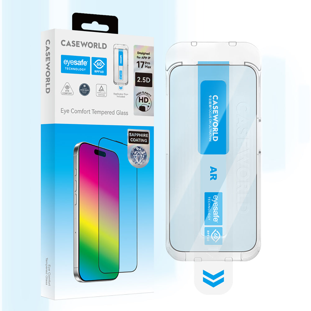 Apple iPhone 17 Air CaseWorld Applicator Serisi 2.5D Eyesafe Mavi Işık Teknolojili Safir 0.33mm Temperli Cam Ekran Koruyucu + Uygulama Aparatı