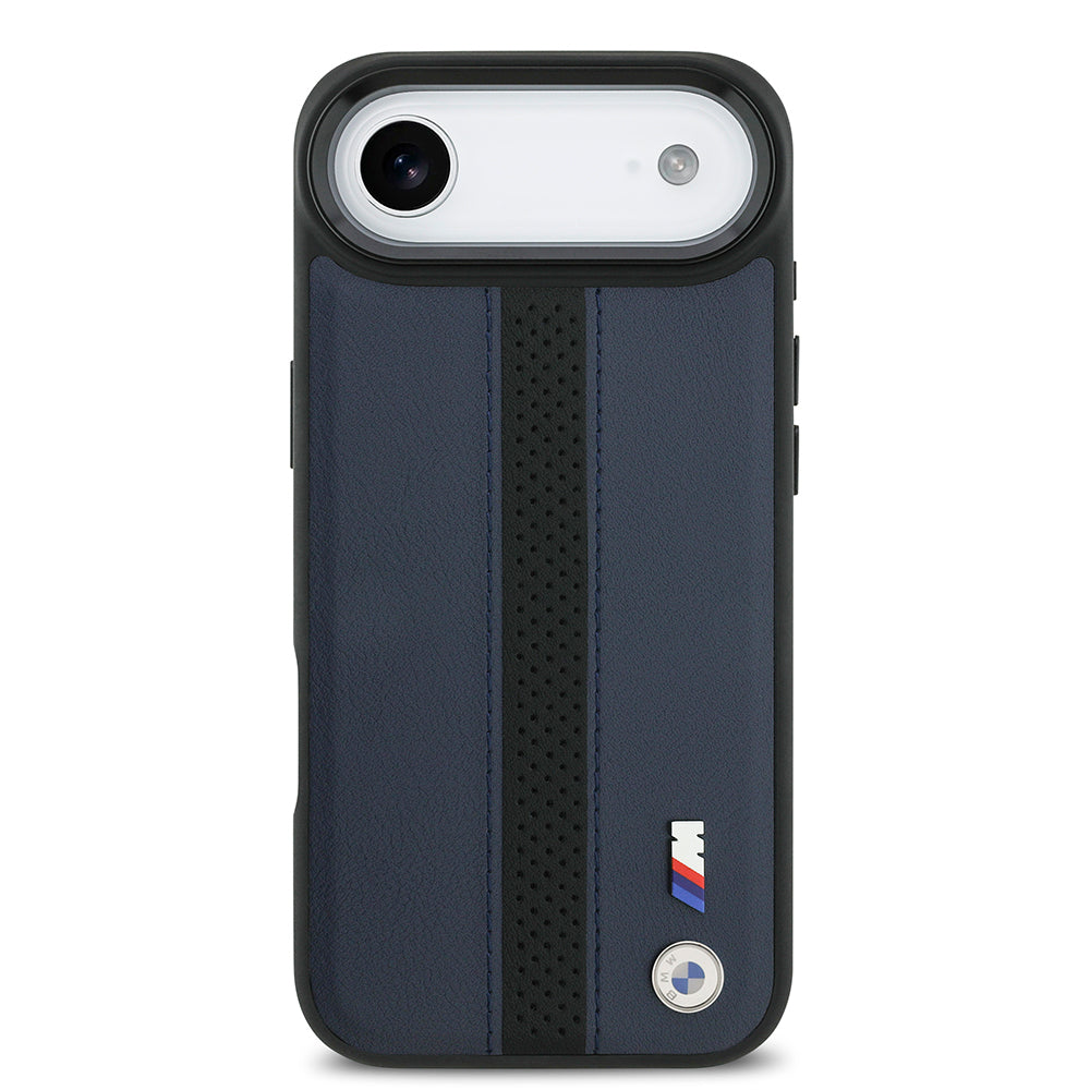 iPhone 17 Air Kılıf BMW Orjinal Lisanslı M-safe Şarj Özellikli Deri Arka Yüzey Metal Logolu Delikli Şerit Tasarımlı Kapak