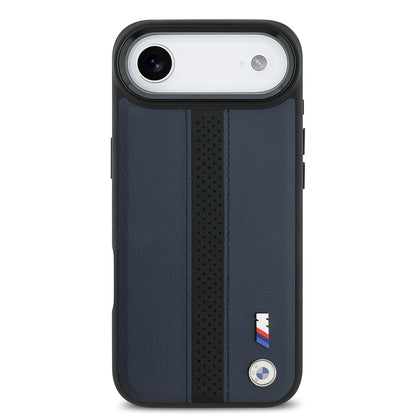 iPhone 17 Air Kılıf BMW Orjinal Lisanslı M-safe Şarj Özellikli Deri Arka Yüzey Metal Logolu Delikli Şerit Tasarımlı Kapak