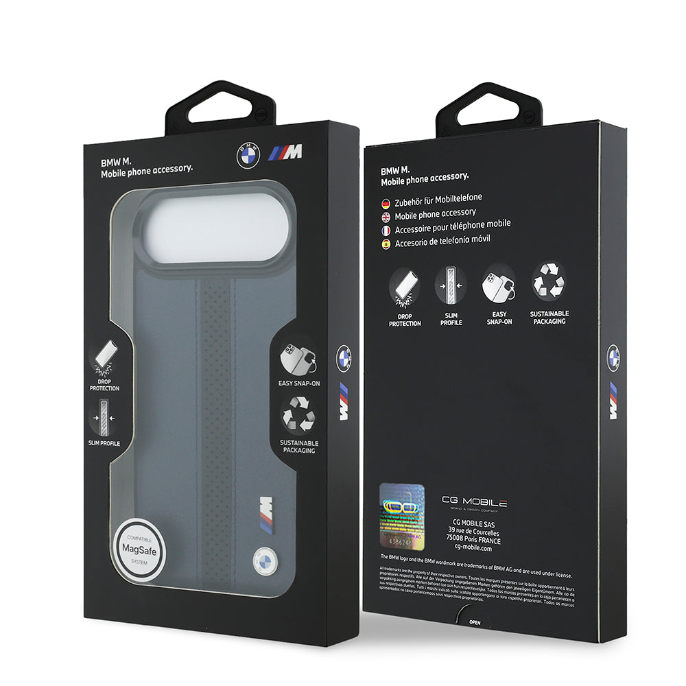 iPhone 17 Air Kılıf BMW Orjinal Lisanslı M-safe Şarj Özellikli Deri Arka Yüzey Metal Logolu Delikli Şerit Tasarımlı Kapak
