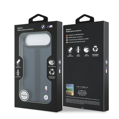 iPhone 17 Air Kılıf BMW Orjinal Lisanslı M-safe Şarj Özellikli Deri Arka Yüzey Metal Logolu Delikli Şerit Tasarımlı Kapak
