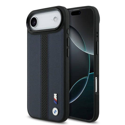 iPhone 17 Air Kılıf BMW Orjinal Lisanslı M-safe Şarj Özellikli Deri Arka Yüzey Metal Logolu Delikli Şerit Tasarımlı Kapak