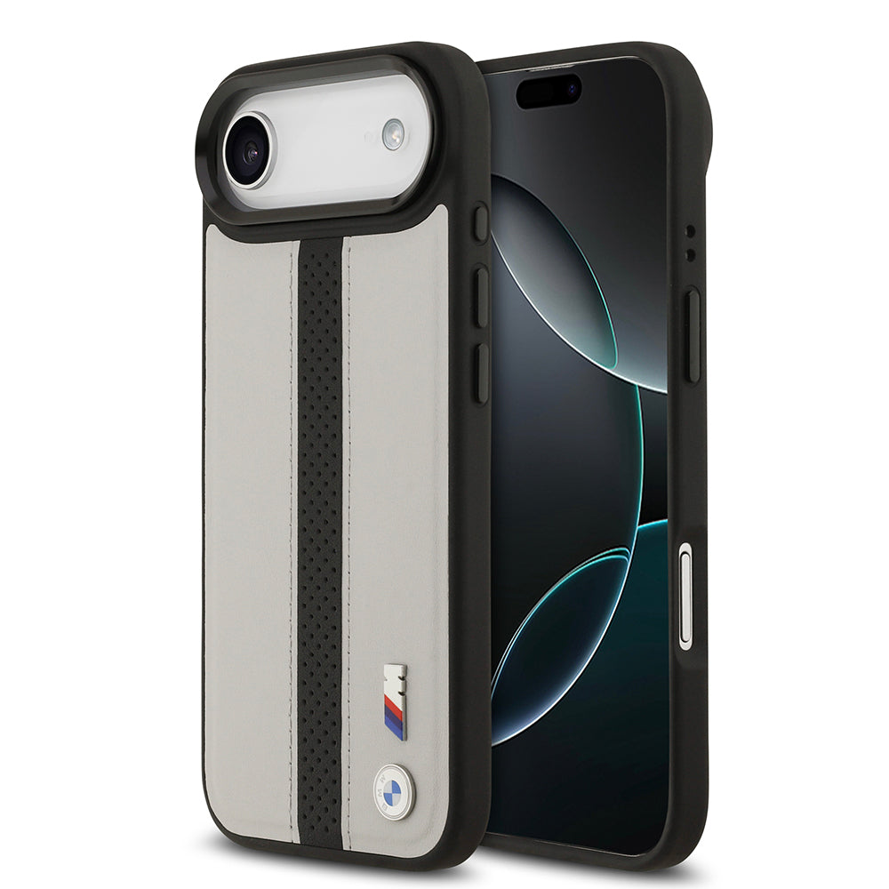 iPhone 17 Air Kılıf BMW Orjinal Lisanslı M-safe Şarj Özellikli Deri Arka Yüzey Metal Logolu Delikli Şerit Tasarımlı Kapak