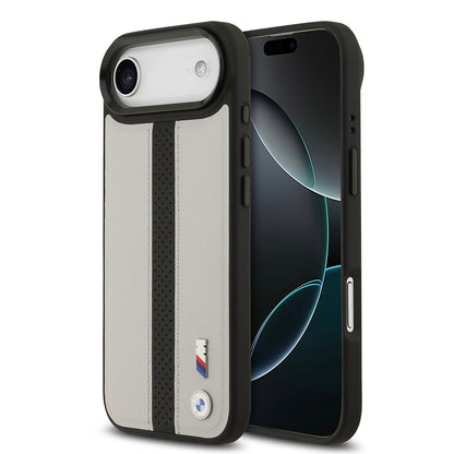 iPhone 17 Air Kılıf BMW Orjinal Lisanslı M-safe Şarj Özellikli Deri Arka Yüzey Metal Logolu Delikli Şerit Tasarımlı Kapak