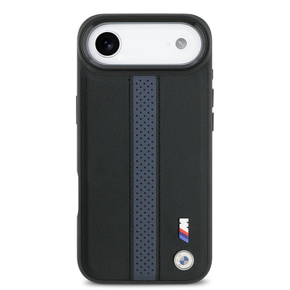 iPhone 17 Air Kılıf BMW Orjinal Lisanslı M-safe Şarj Özellikli Deri Arka Yüzey Metal Logolu Delikli Şerit Tasarımlı Kapak
