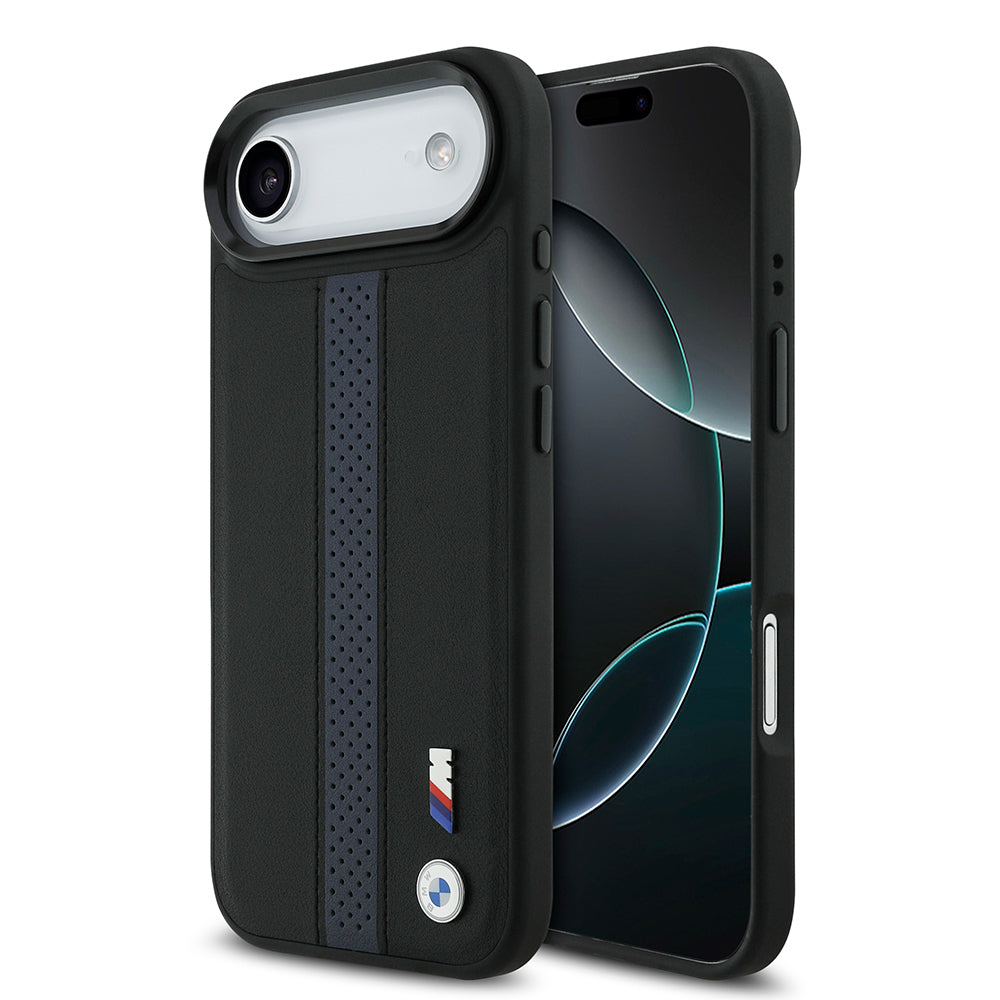 iPhone 17 Air Kılıf BMW Orjinal Lisanslı M-safe Şarj Özellikli Deri Arka Yüzey Metal Logolu Delikli Şerit Tasarımlı Kapak
