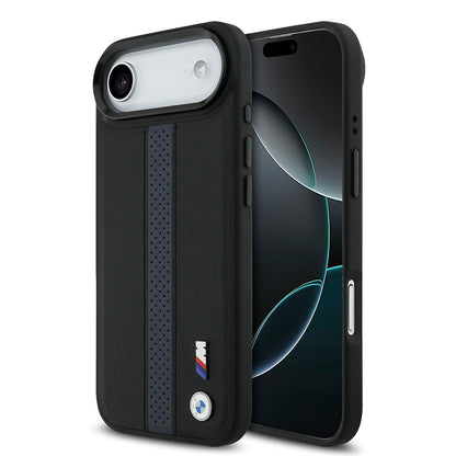 iPhone 17 Air Kılıf BMW Orjinal Lisanslı M-safe Şarj Özellikli Deri Arka Yüzey Metal Logolu Delikli Şerit Tasarımlı Kapak