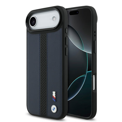 iPhone 17 Air Kılıf BMW Orjinal Lisanslı M-safe Şarj Özellikli Deri Arka Yüzey Metal Logolu Delikli Şerit Tasarımlı Kapak