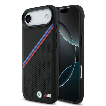 iPhone 17 Air Kılıf BMW Orjinal Lisanslı M-safe Şarj Özellikli M Logolu Üç Şeritli Delikli Deri Kapak