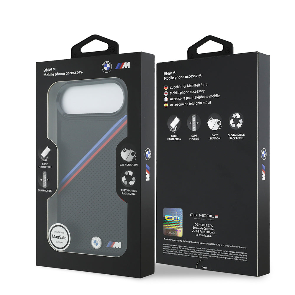 iPhone 17 Air Kılıf BMW Orjinal Lisanslı M-safe Şarj Özellikli M Logolu Üç Şeritli Delikli Deri Kapak