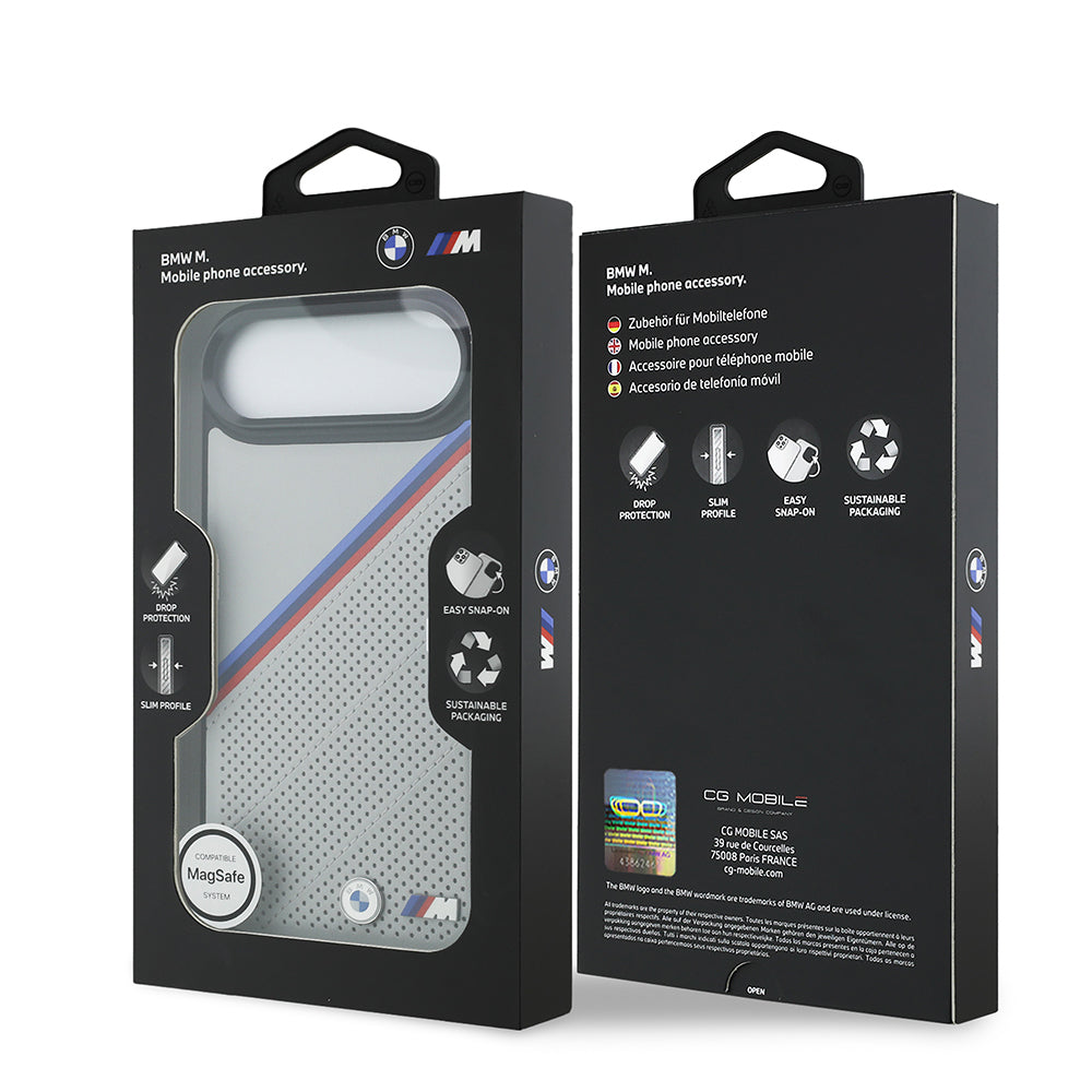 iPhone 17 Air Kılıf BMW Orjinal Lisanslı M-safe Şarj Özellikli M Logolu Üç Şeritli Delikli Deri Kapak