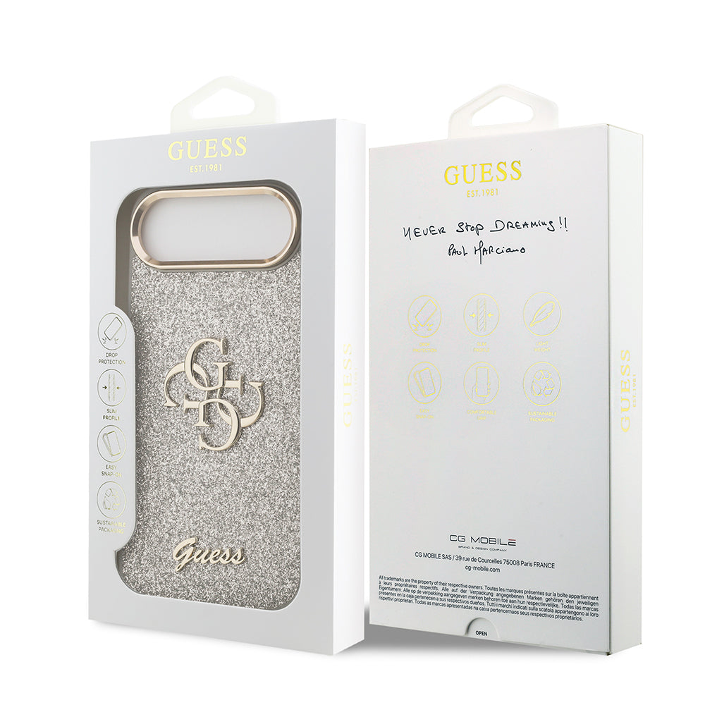 iPhone 17 Air Kılıf Guess Orjinal Lisanslı 4G Büyük Metal Kamera Çerçeveli ve Logolu Glitter Kapak