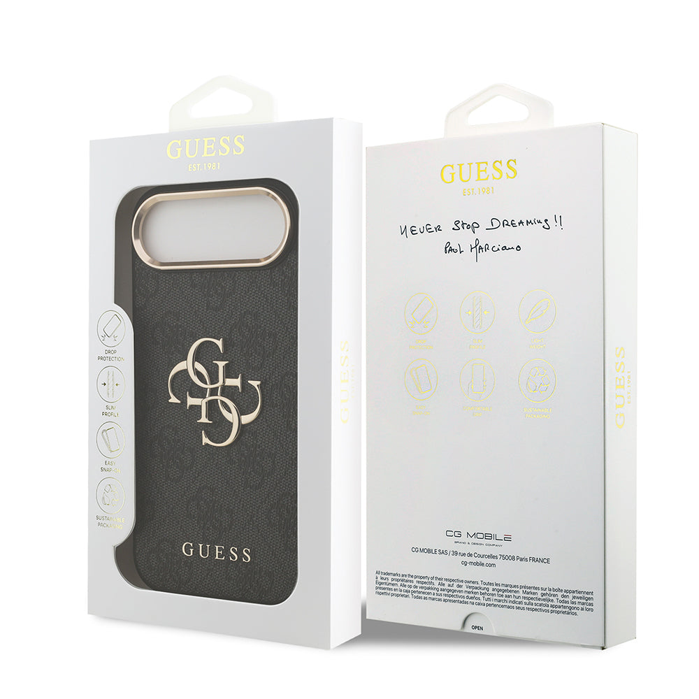 iPhone 17 Air Kılıf Guess Orjinal Lisanslı Gold Metal Kamera Çerçeveli 4G Desenli Metal Büyük 4G ve Yazı Logolu Kapak